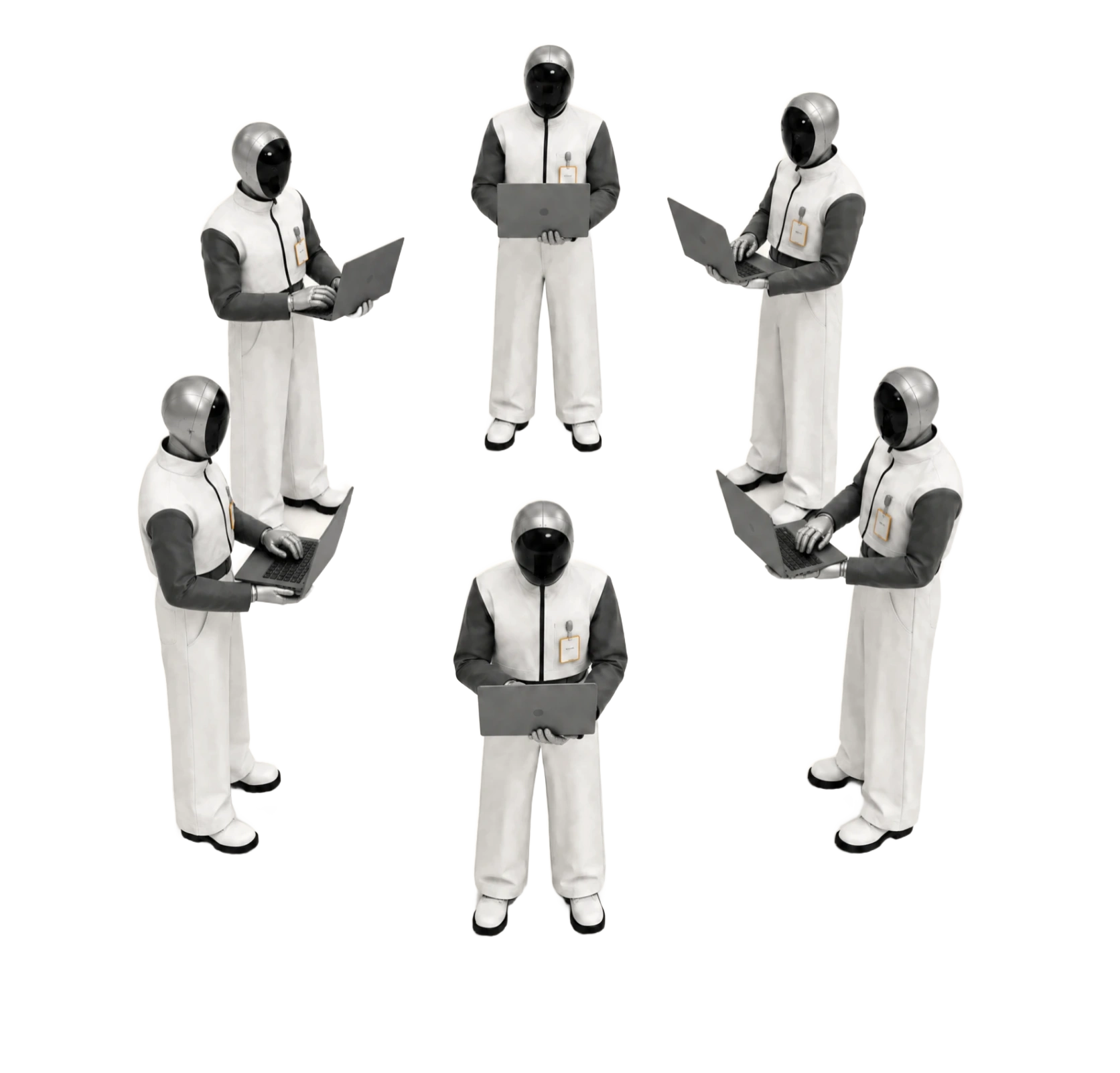 Six Translabour mascots working with laptops