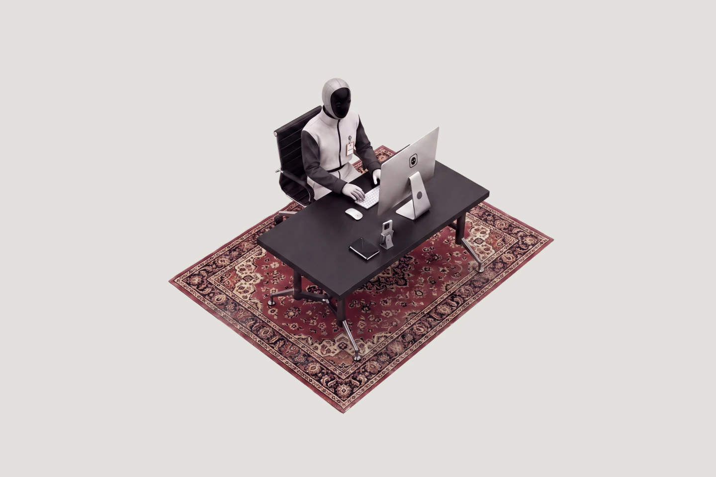 Seated mascot at work
